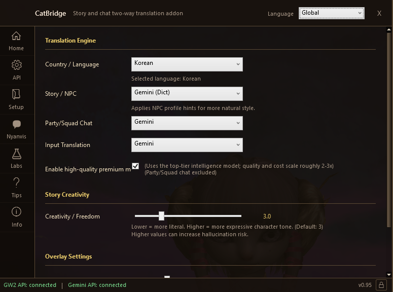 CatBridge main settings — translation engine configuration