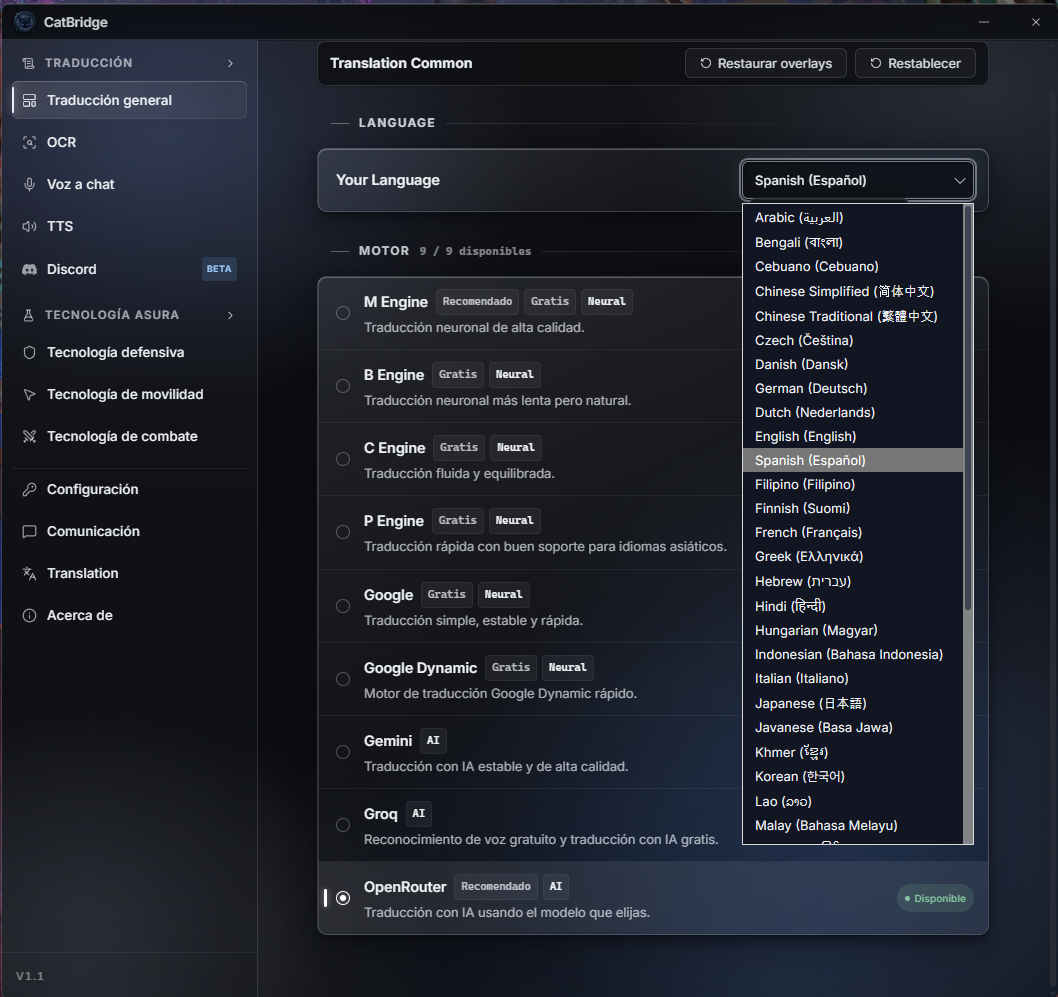 CatBridge language and engine settings